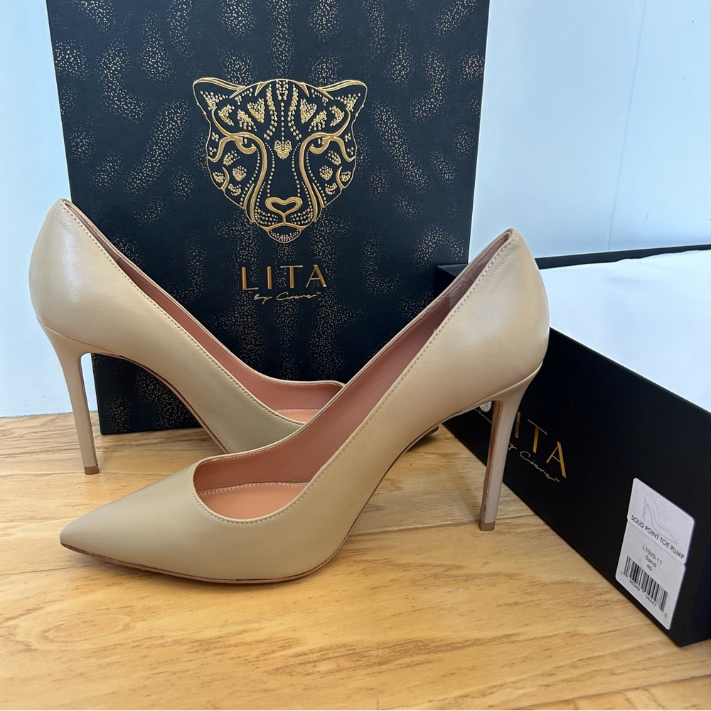 LITA by Ciara NIB Solid Pointed Toe Pump 40 Sand Stiletto Heel Leather Italy Tan